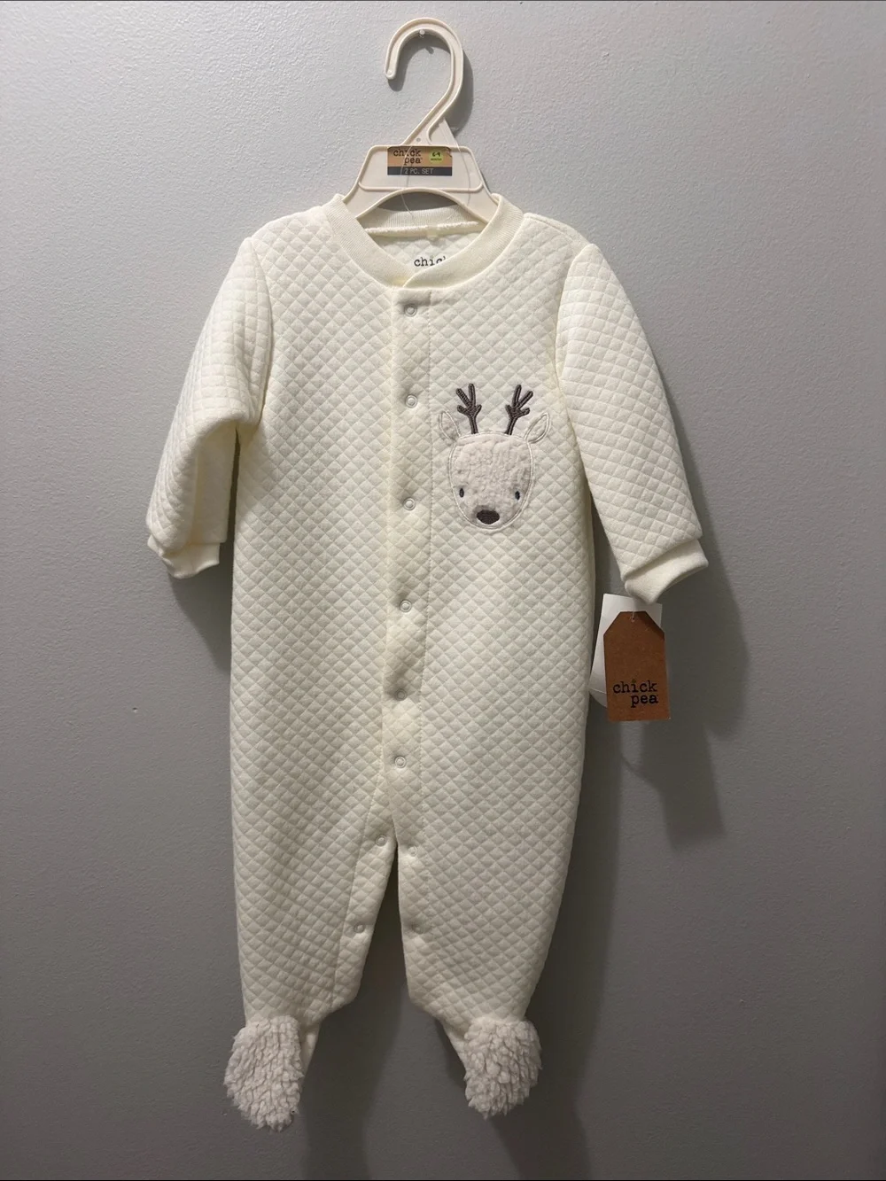 chick pea Cream Quilted Footed Baby Pajama with Reindeer Face